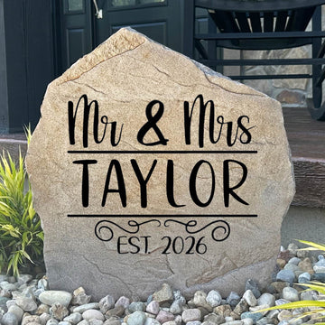Personalized Mr. & Mrs. Name Stone featuring custom family names and established date engraved directly into the stone surface. This elegant outdoor sign adds timeless curb appeal to front yards, gardens, patios, and entryways.