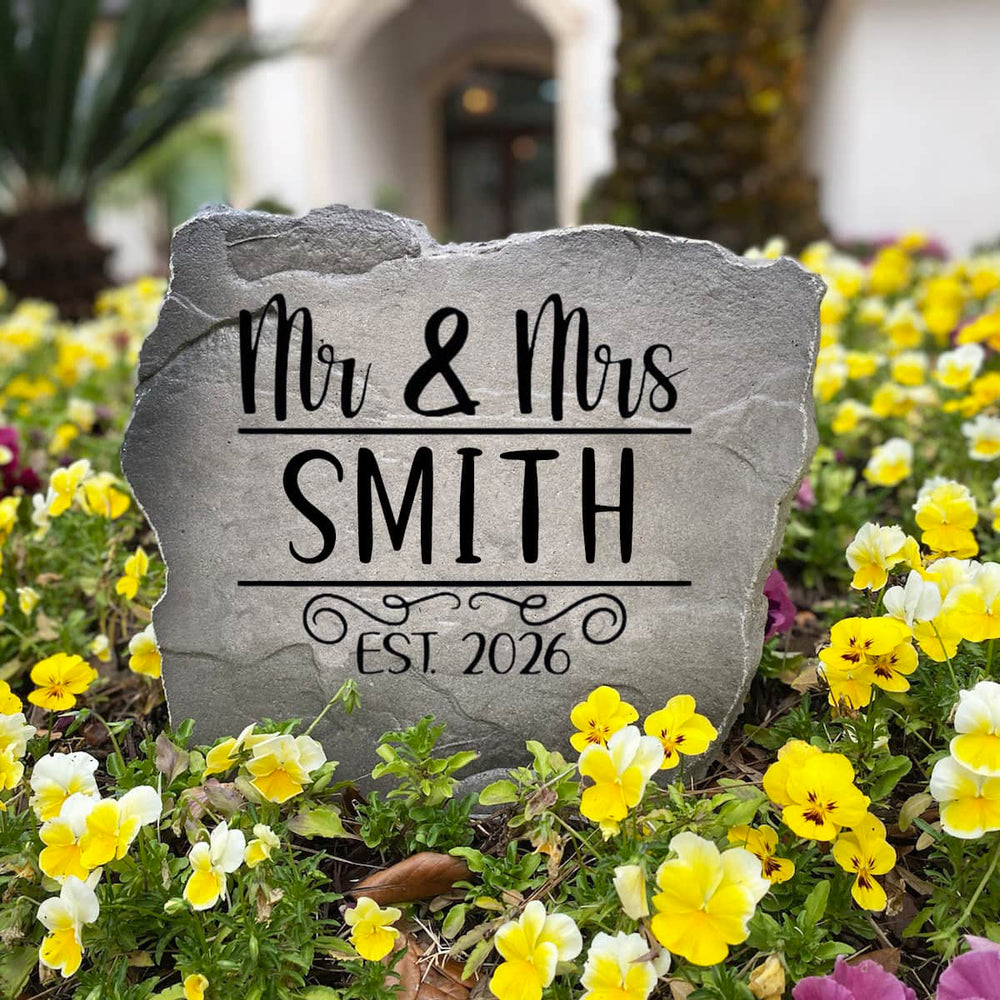Custom engraved Mr. & Mrs. Name Stone with personalized family details and classic styling. Designed for outdoor durability, this decorative stone creates a welcoming statement for homes, patios, and beautifully landscaped entryways.