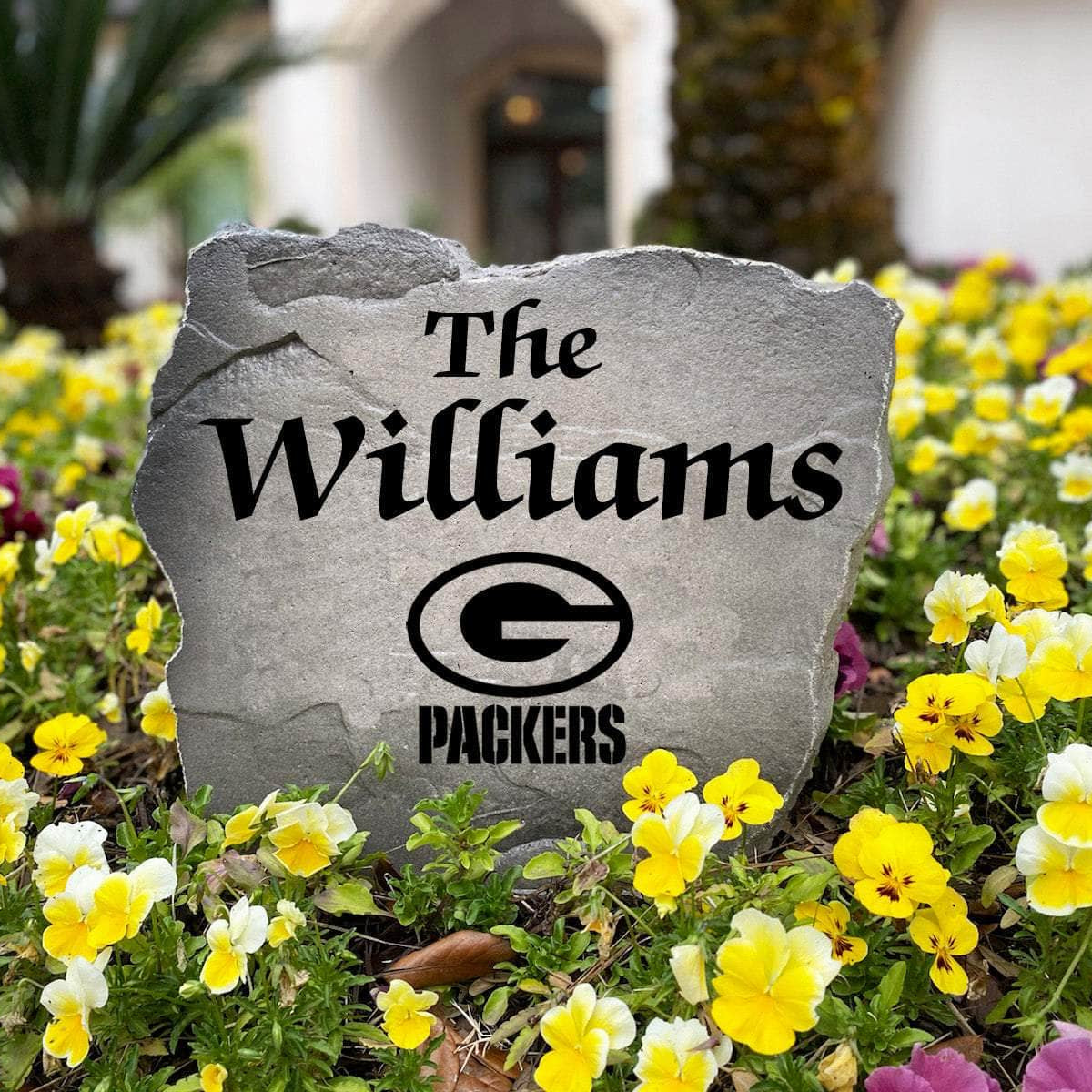 Officially licensed Green Bay Packers Name Stone handcrafted in the USA with custom family engraving and durable team artwork. This decorative garden stone enhances landscape beds, patios, and outdoor living spaces with lasting beauty and NFL team pride.