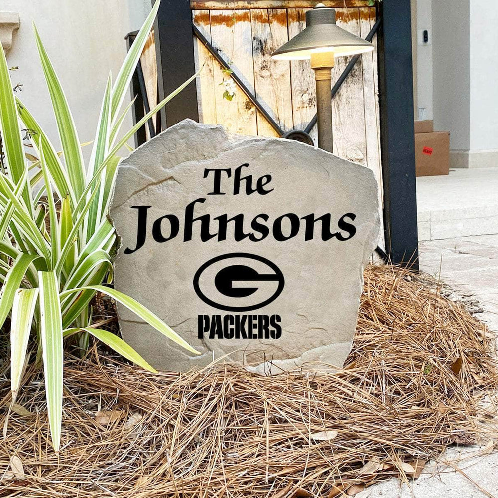Engraved Green Bay Packers Name Stone with a custom family name and the official Green Bay Packers logo, bringing football spirit and timeless style to front yard landscapes, walkways, and home entrances.