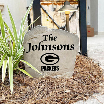 Engraved Green Bay Packers Name Stone with a custom family name and the official Green Bay Packers logo, bringing football spirit and timeless style to front yard landscapes, walkways, and home entrances.