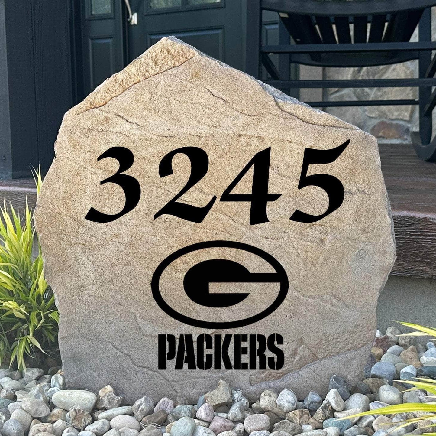 Officially licensed Green Bay Packers Address Stone featuring custom house numbers and the iconic Green Bay Packers logo engraved directly into the stone surface. This personalized address stone adds NFL team pride and enhances curb appeal for front yards, gardens, driveways, and entryways.