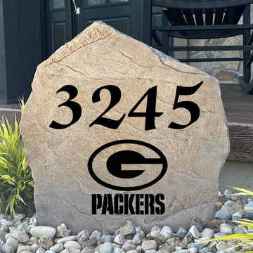 Officially licensed Green Bay Packers Address Stone featuring custom house numbers and the iconic Green Bay Packers logo engraved directly into the stone surface. This personalized address stone adds NFL team pride and enhances curb appeal for front yards, gardens, driveways, and entryways.