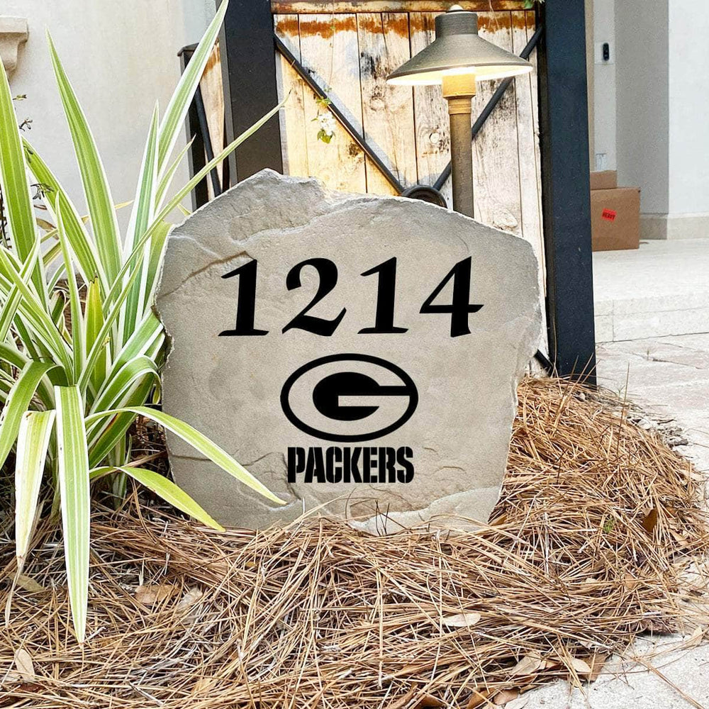 Engraved Green Bay Packers Address Stone with custom house numbers and the official Green Bay Packers logo, bringing football spirit and timeless style to front yard landscapes, walkways, and home entrances.