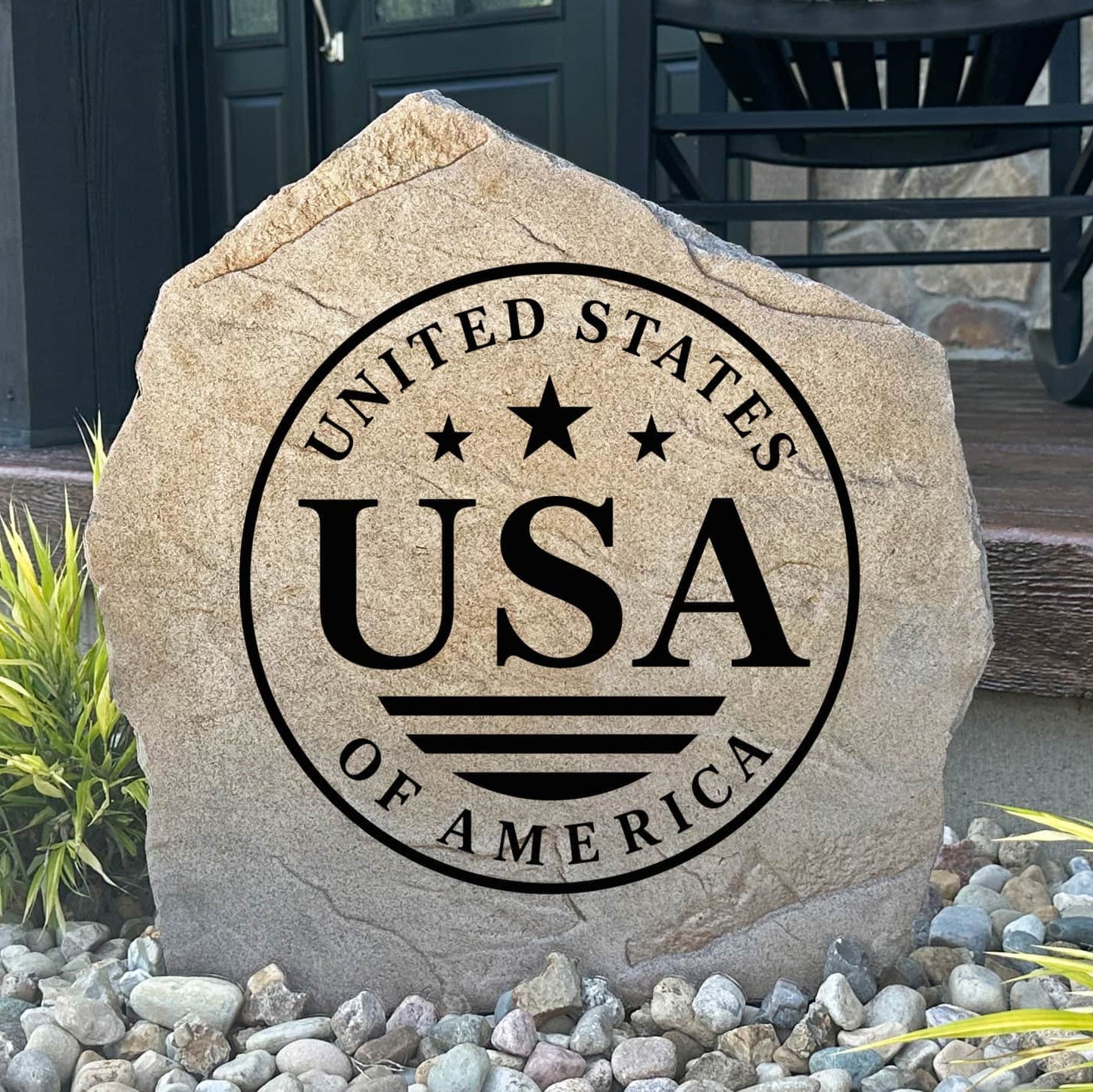 Patriotic Seal Stone featuring a beautifully engraved American eagle seal that symbolizes freedom, strength, and national pride. This decorative landscape stone creates a striking focal point for gardens, patios, walkways, and front entryways.