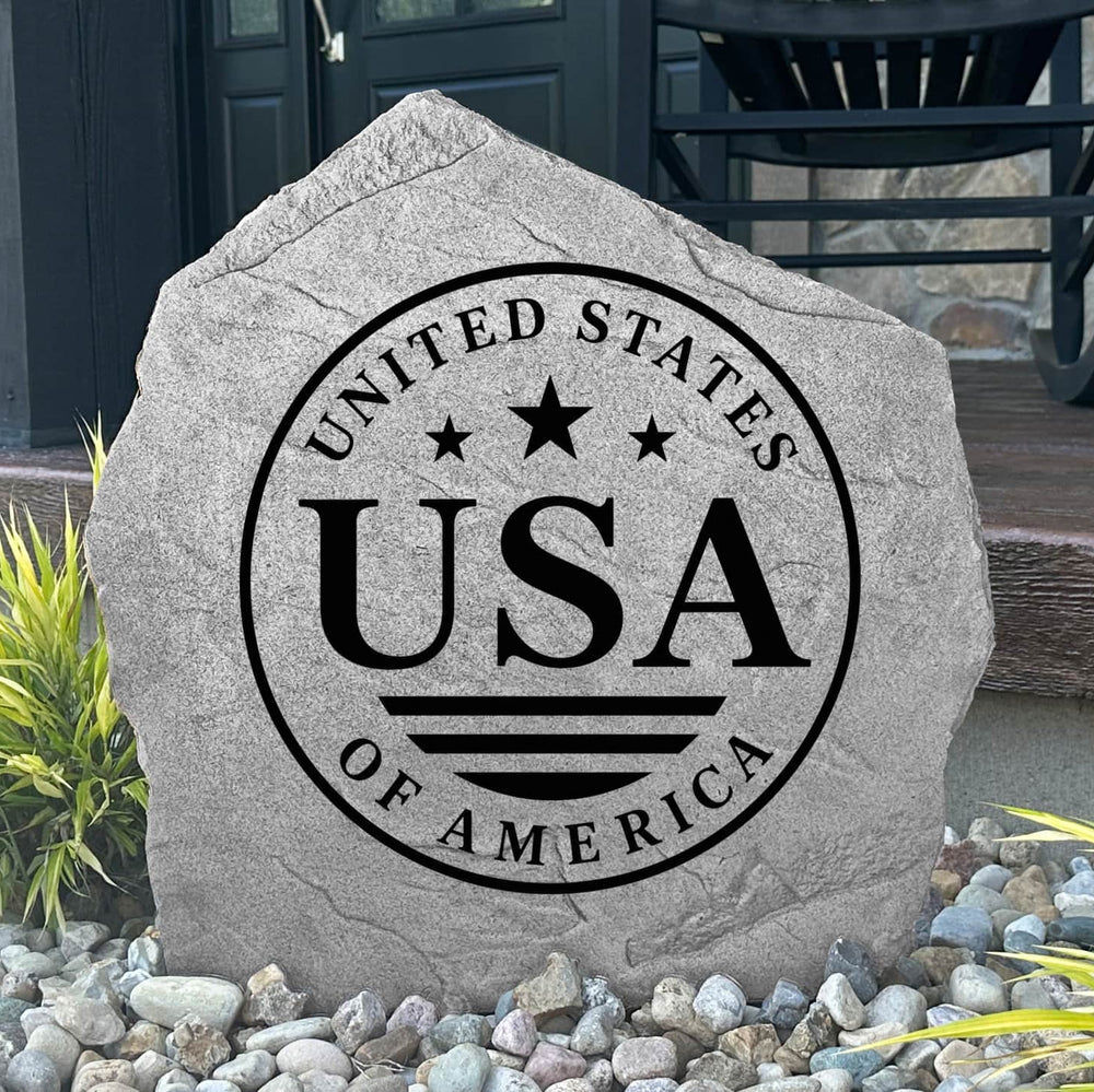 Decorative Patriotic Seal Stone engraved directly into durable stone with a timeless American-inspired design. Perfect for flower beds, memorial gardens, porches, outdoor living spaces, and beautifully landscaped yards.
