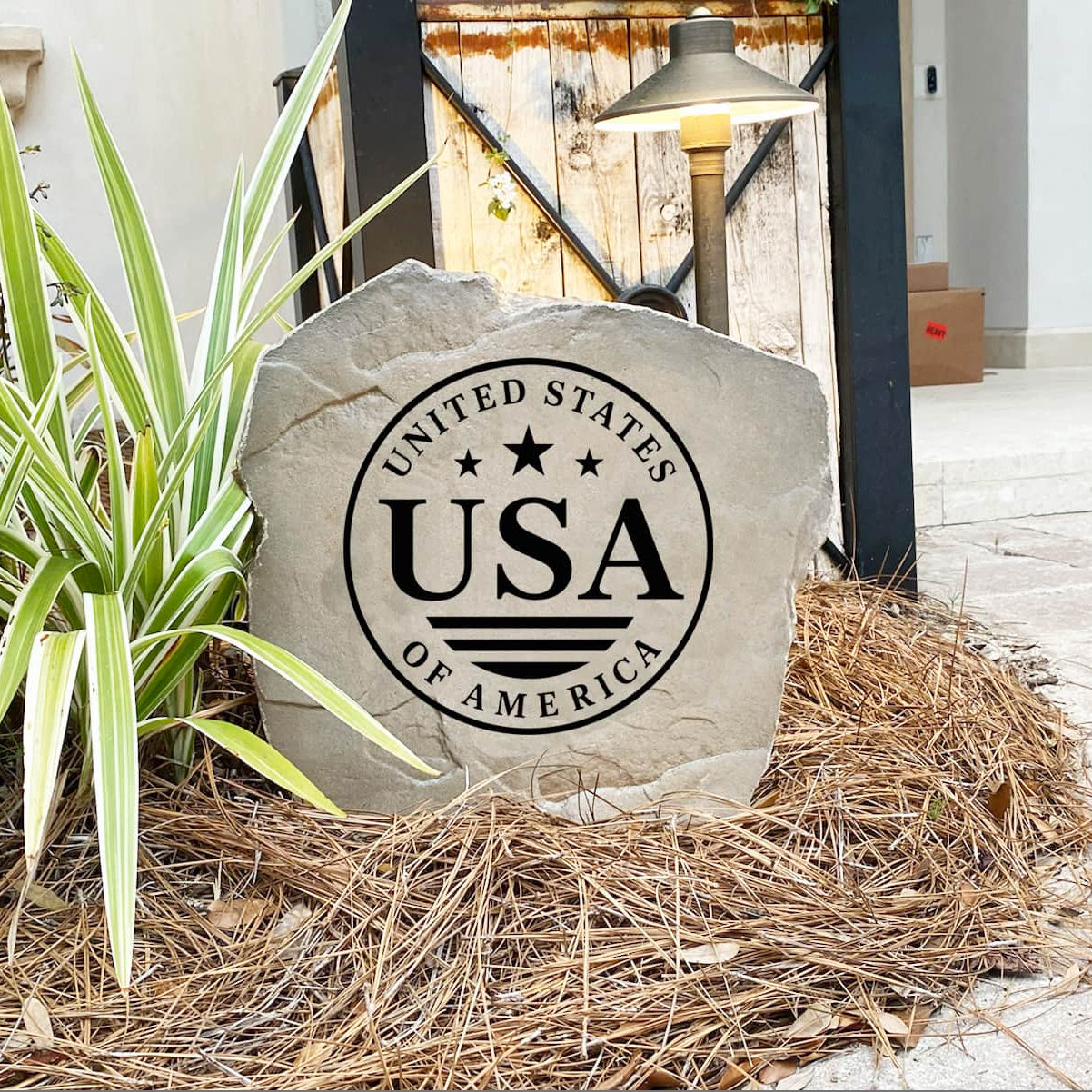Handcrafted Patriotic Seal Stone proudly made in the USA with deep precision engraving and weather-resistant construction. Available in Sandstone and Greystone finishes for lasting outdoor beauty throughout every season.