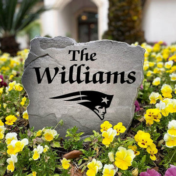 Officially licensed New England Patriots Name Stone handcrafted in the USA with custom family engraving and durable team artwork. This decorative garden stone enhances landscape beds, patios, and outdoor living spaces with lasting beauty and NFL team pride.