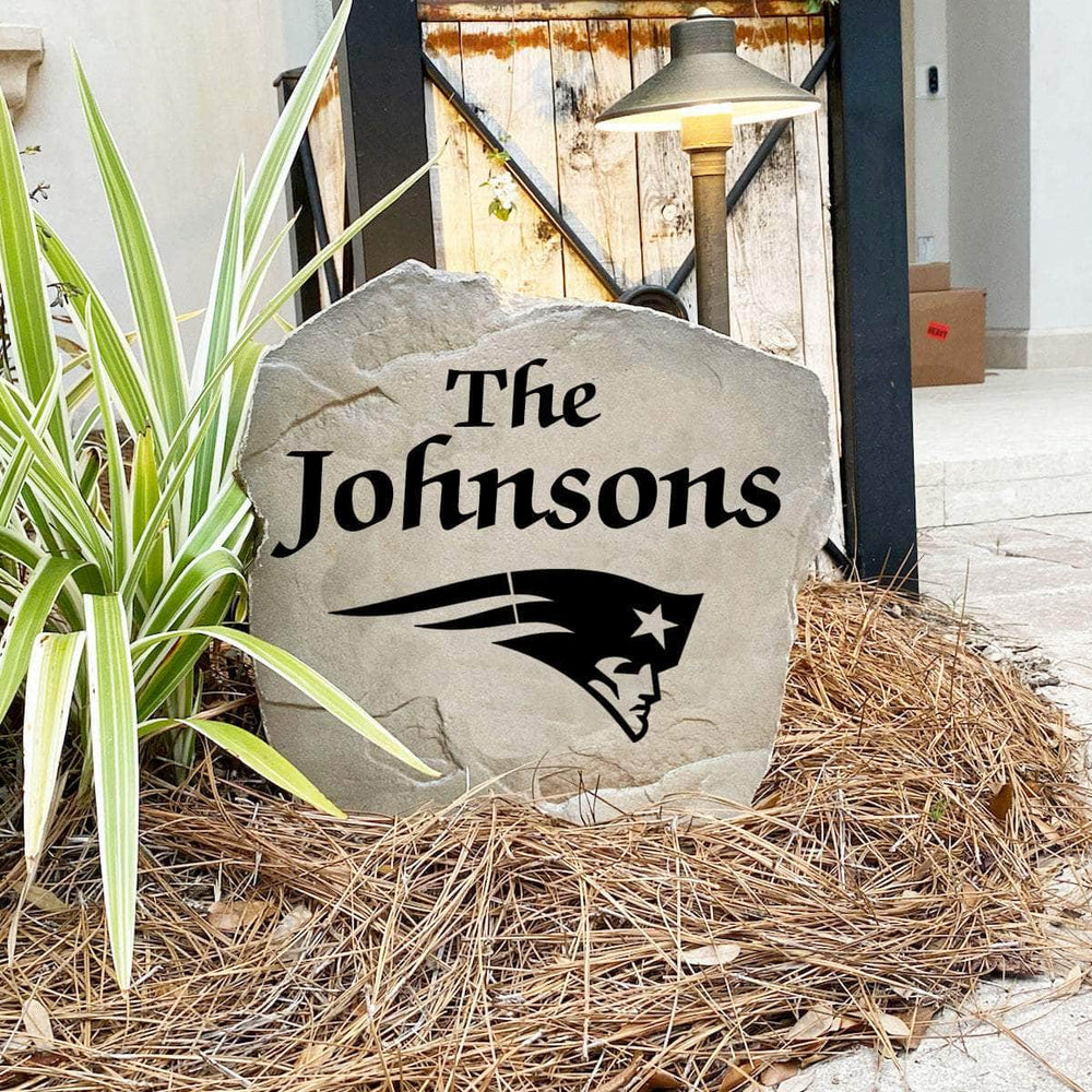 Engraved New England Patriots Name Stone with a custom family name and the official New England Patriots logo, bringing football spirit and timeless style to front yard landscapes, walkways, and home entrances.