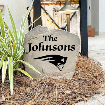 Engraved New England Patriots Name Stone with a custom family name and the official New England Patriots logo, bringing football spirit and timeless style to front yard landscapes, walkways, and home entrances.