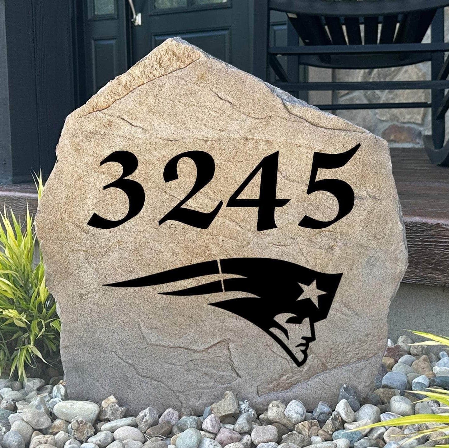 Officially licensed New England Patriots Address Stone featuring custom house numbers and the iconic New England Patriots logo engraved directly into the stone surface. This personalized address stone adds NFL team pride and enhances curb appeal for front yards, gardens, driveways, and entryways.
