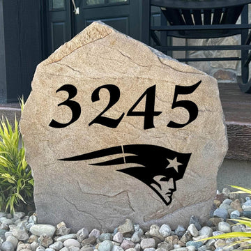 Officially licensed New England Patriots Address Stone featuring custom house numbers and the iconic New England Patriots logo engraved directly into the stone surface. This personalized address stone adds NFL team pride and enhances curb appeal for front yards, gardens, driveways, and entryways.
