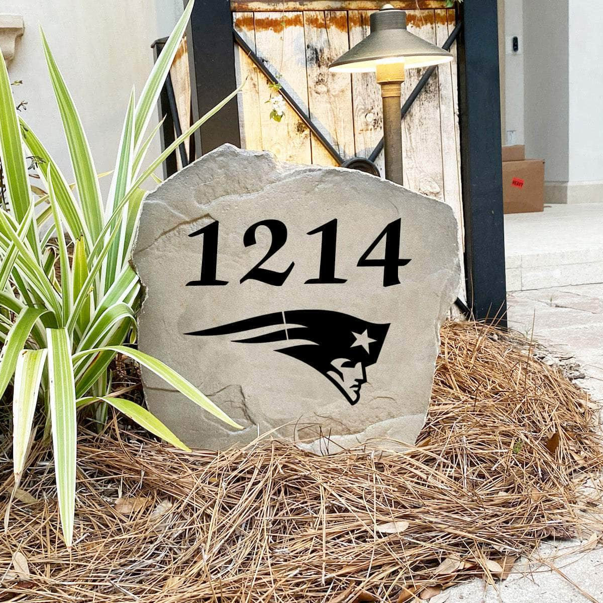 Engraved New England Patriots Address Stone with custom house numbers and the official New England Patriots logo, bringing football spirit and timeless style to front yard landscapes, walkways, and home entrances.