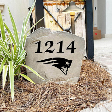 Engraved New England Patriots Address Stone with custom house numbers and the official New England Patriots logo, bringing football spirit and timeless style to front yard landscapes, walkways, and home entrances.