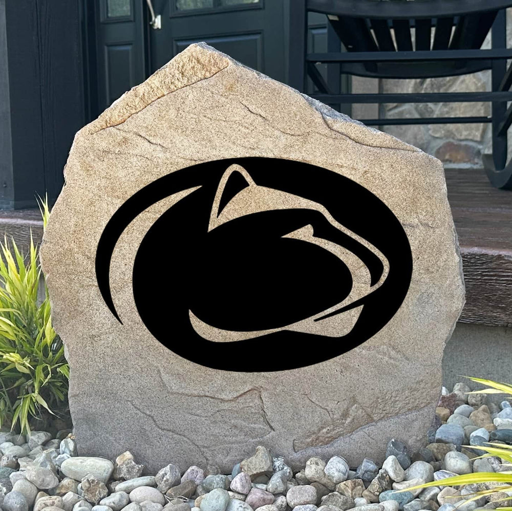 Officially licensed Penn State University Logo Stone featuring the iconic Nittany Lions logo engraved into premium stone. This decorative landscape stone brings Penn State spirit to gardens, patios, walkways, and front entrances.
