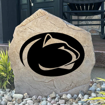 Officially licensed Penn State University Logo Stone featuring the iconic Nittany Lions logo engraved into premium stone. This decorative landscape stone brings Penn State spirit to gardens, patios, walkways, and front entrances.