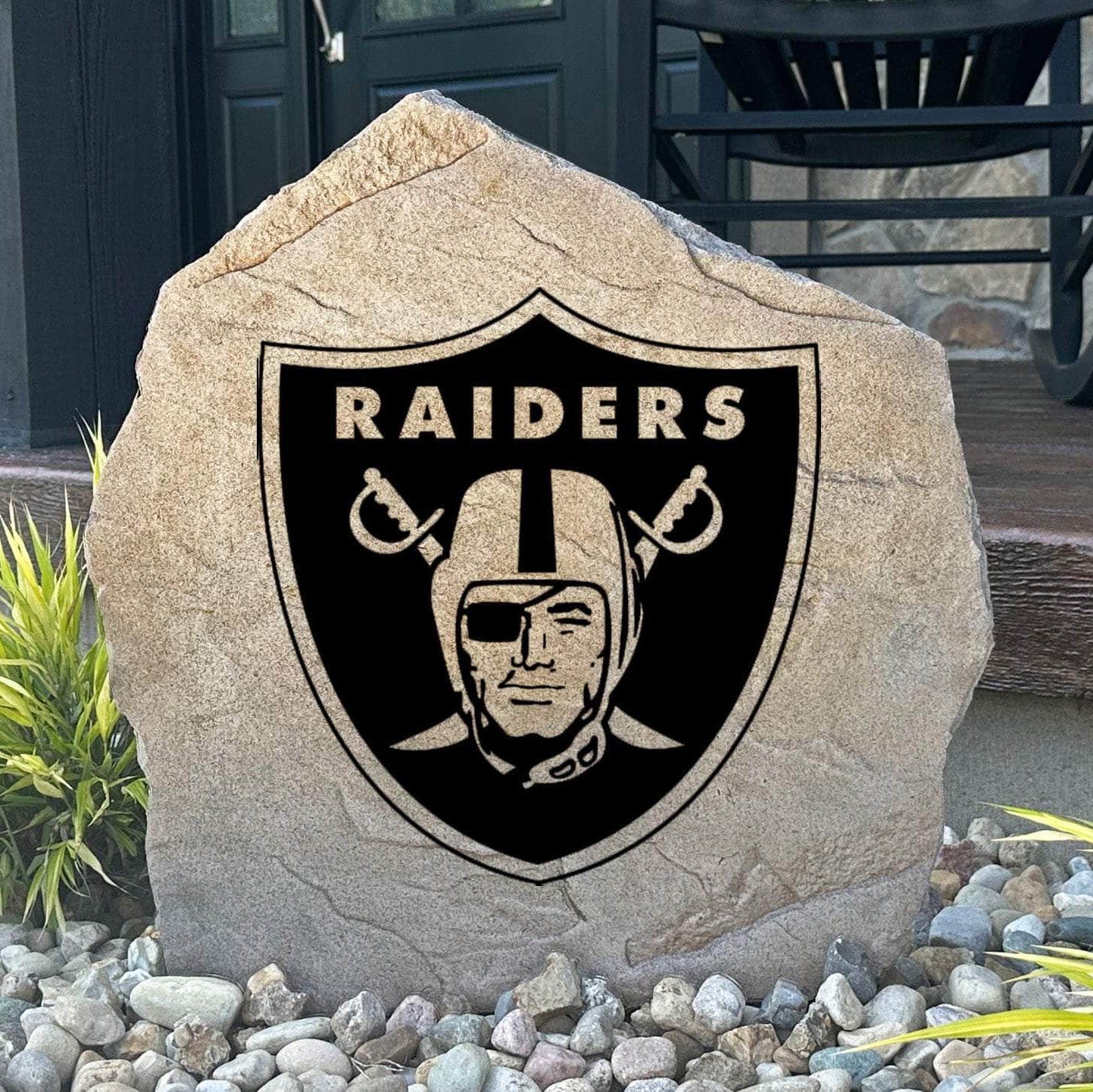 Officially licensed Las Vegas Raiders Logo Stone featuring the iconic Las Vegas Raiders logo engraved directly into the stone surface. This decorative garden stone adds NFL team spirit and curb appeal to front yards, patios, gardens, and entryways.
