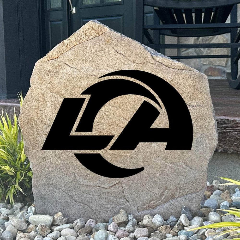 Officially licensed Los Angeles Rams Logo Stone featuring the iconic Los Angeles Rams logo engraved directly into the stone surface. This decorative garden stone adds NFL team spirit and curb appeal to front yards, patios, gardens, and entryways.