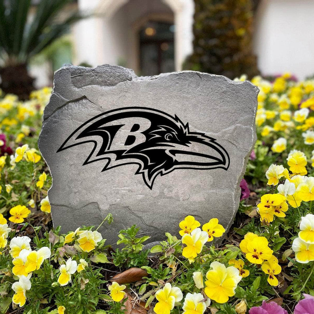 Decorative Baltimore Ravens landscape stone showcasing the official team logo engraved directly into weather-resistant stone. An eye-catching addition to gardens, patios, fan caves, outdoor kitchens, and walkways.