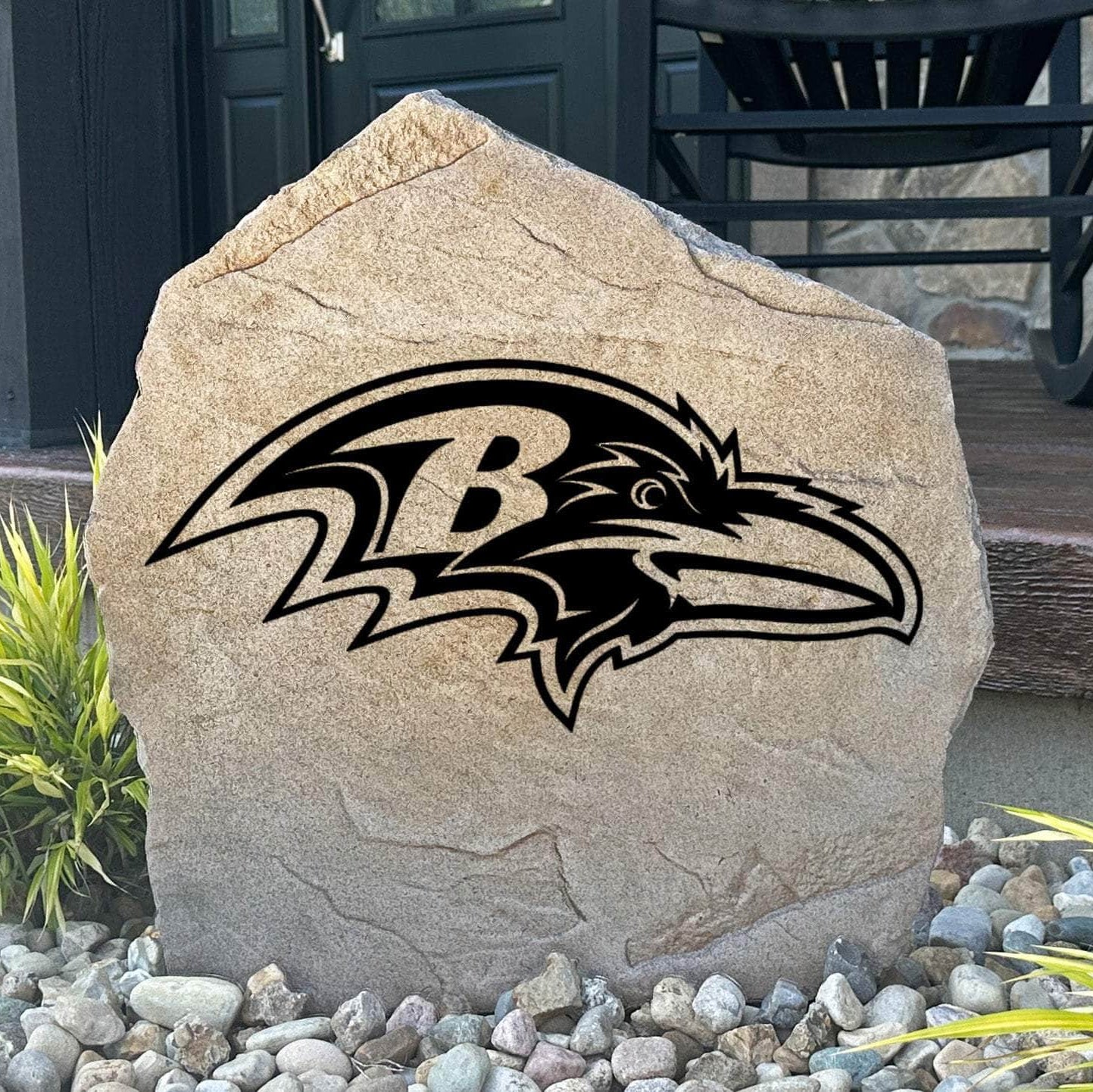 Officially licensed Baltimore Ravens Logo Stone featuring the iconic Ravens logo permanently engraved into premium stone. This decorative outdoor accent is perfect for gardens, patios, walkways, and front landscapes.