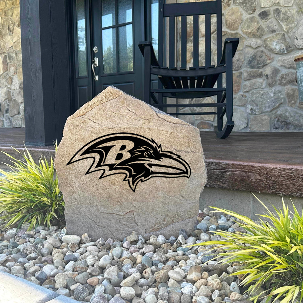 Decorative Baltimore Ravens landscape stone showcasing the official team logo engraved directly into weather-resistant stone. An eye-catching addition to gardens, patios, fan caves, outdoor kitchens, and walkways.