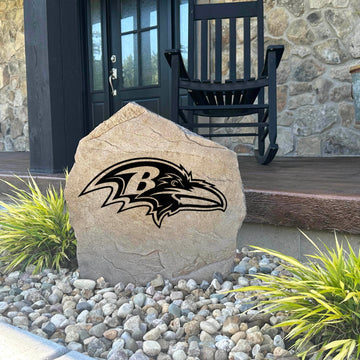 Decorative Baltimore Ravens landscape stone showcasing the official team logo engraved directly into weather-resistant stone. An eye-catching addition to gardens, patios, fan caves, outdoor kitchens, and walkways.
