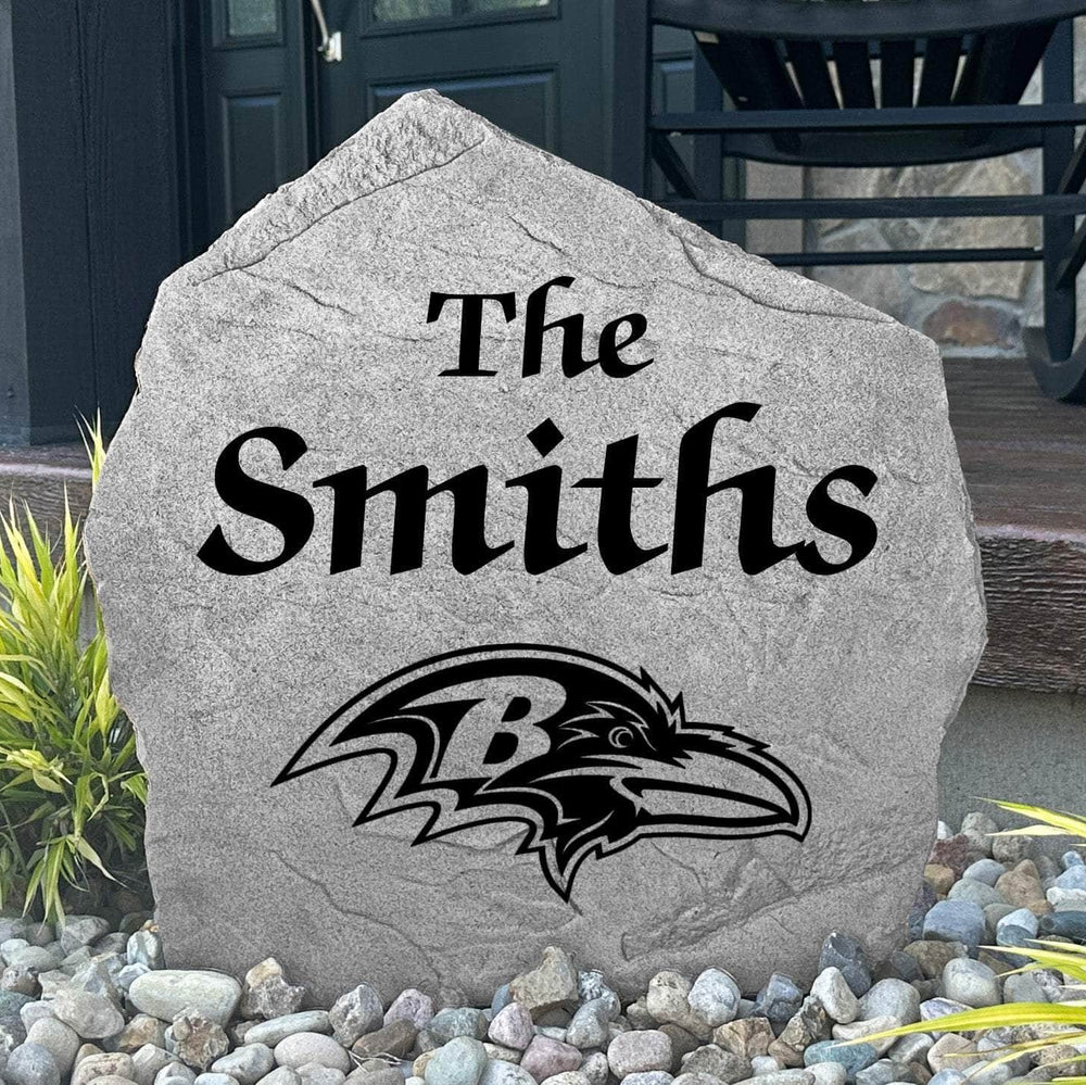 Custom Baltimore Ravens Name Stone featuring the official team logo and your personalized family name. An ideal outdoor decoration for gardens, patios, landscape beds, and front entryways.