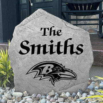 Custom Baltimore Ravens Name Stone featuring the official team logo and your personalized family name. An ideal outdoor decoration for gardens, patios, landscape beds, and front entryways.