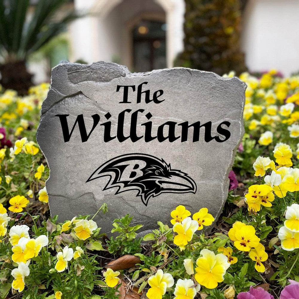 Personalized outdoor Baltimore Ravens Name Stone with custom family lettering permanently engraved into premium stone. A unique gift for Ravens fans, homeowners, housewarmings, and football enthusiasts.