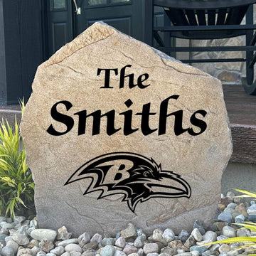 Officially licensed Baltimore Ravens Name Stone personalized with your family name and engraved directly into durable stone. This custom landscape accent showcases Ravens pride while creating a warm welcome for guests.