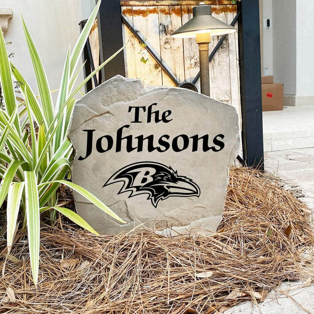 Handcrafted Baltimore Ravens Name Stone proudly made in the USA with precision engraving and officially licensed NFL artwork. Available in Sandstone and Greystone finishes for timeless outdoor beauty.
