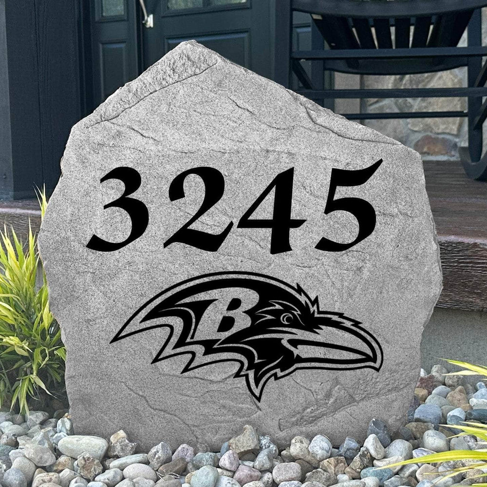 Custom Baltimore Ravens Address Stone featuring the official team logo and personalized house numbers. Perfect for front yards, landscape beds, driveways, and entryways for devoted Ravens fans.