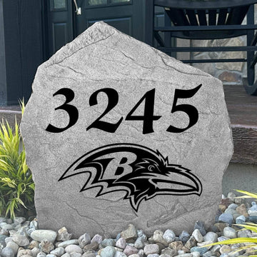 Custom Baltimore Ravens Address Stone featuring the official team logo and personalized house numbers. Perfect for front yards, landscape beds, driveways, and entryways for devoted Ravens fans.