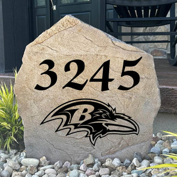 Officially licensed Baltimore Ravens Address Stone personalized with your house numbers and engraved directly into durable stone. This custom address marker adds NFL team pride while enhancing your home's curb appeal.