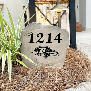 Handcrafted Baltimore Ravens Address Stone proudly made in the USA with deeply engraved house numbers and officially licensed NFL artwork. Available in Sandstone and Greystone finishes for lasting outdoor durability.