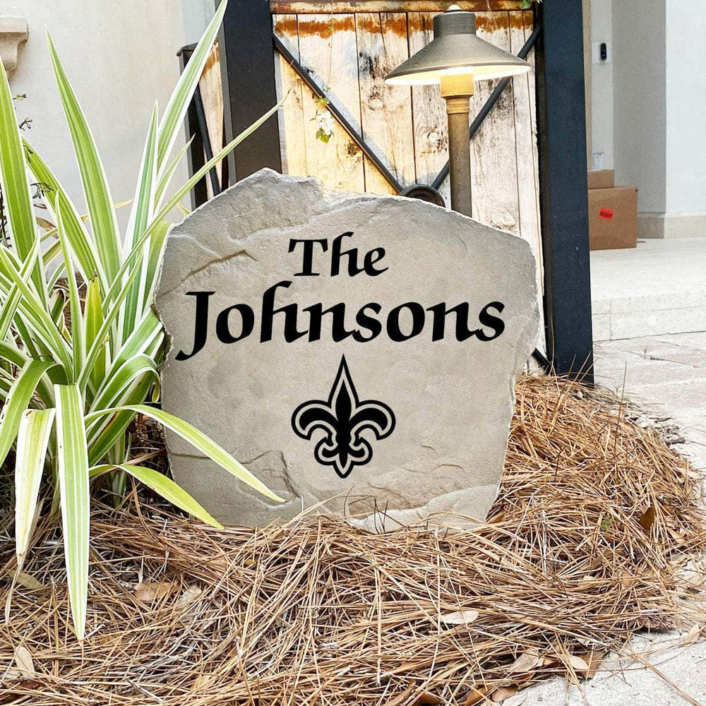 Engraved New Orleans Saints Name Stone with a custom family name and the official New Orleans Saints logo, bringing football spirit and timeless style to front yard landscapes, walkways, and home entrances.