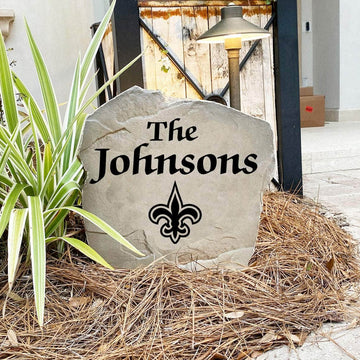 Engraved New Orleans Saints Name Stone with a custom family name and the official New Orleans Saints logo, bringing football spirit and timeless style to front yard landscapes, walkways, and home entrances.