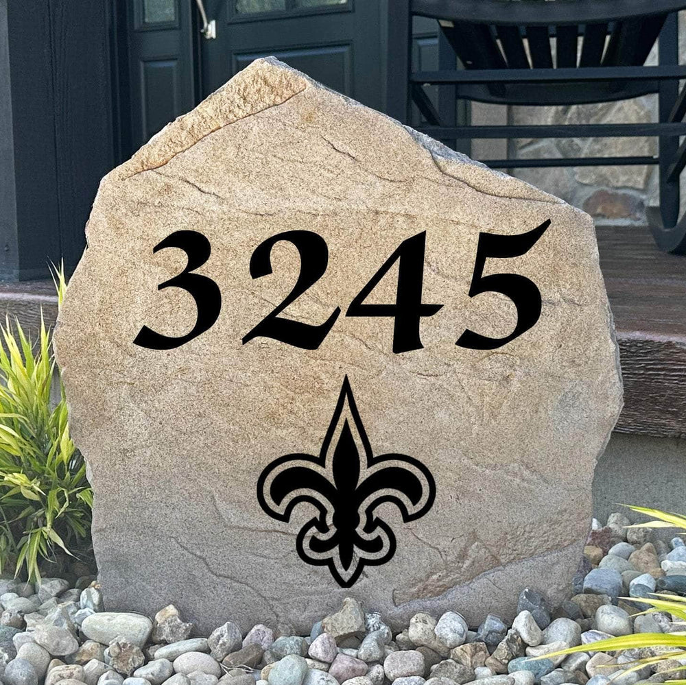 Officially licensed New Orleans Saints Address Stone featuring custom house numbers and the iconic New Orleans Saints logo engraved directly into the stone surface. This personalized address stone adds NFL team pride and enhances curb appeal for front yards, gardens, driveways, and entryways.