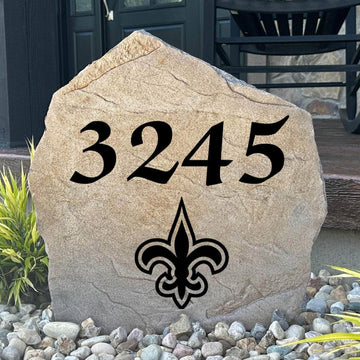 Officially licensed New Orleans Saints Address Stone featuring custom house numbers and the iconic New Orleans Saints logo engraved directly into the stone surface. This personalized address stone adds NFL team pride and enhances curb appeal for front yards, gardens, driveways, and entryways.