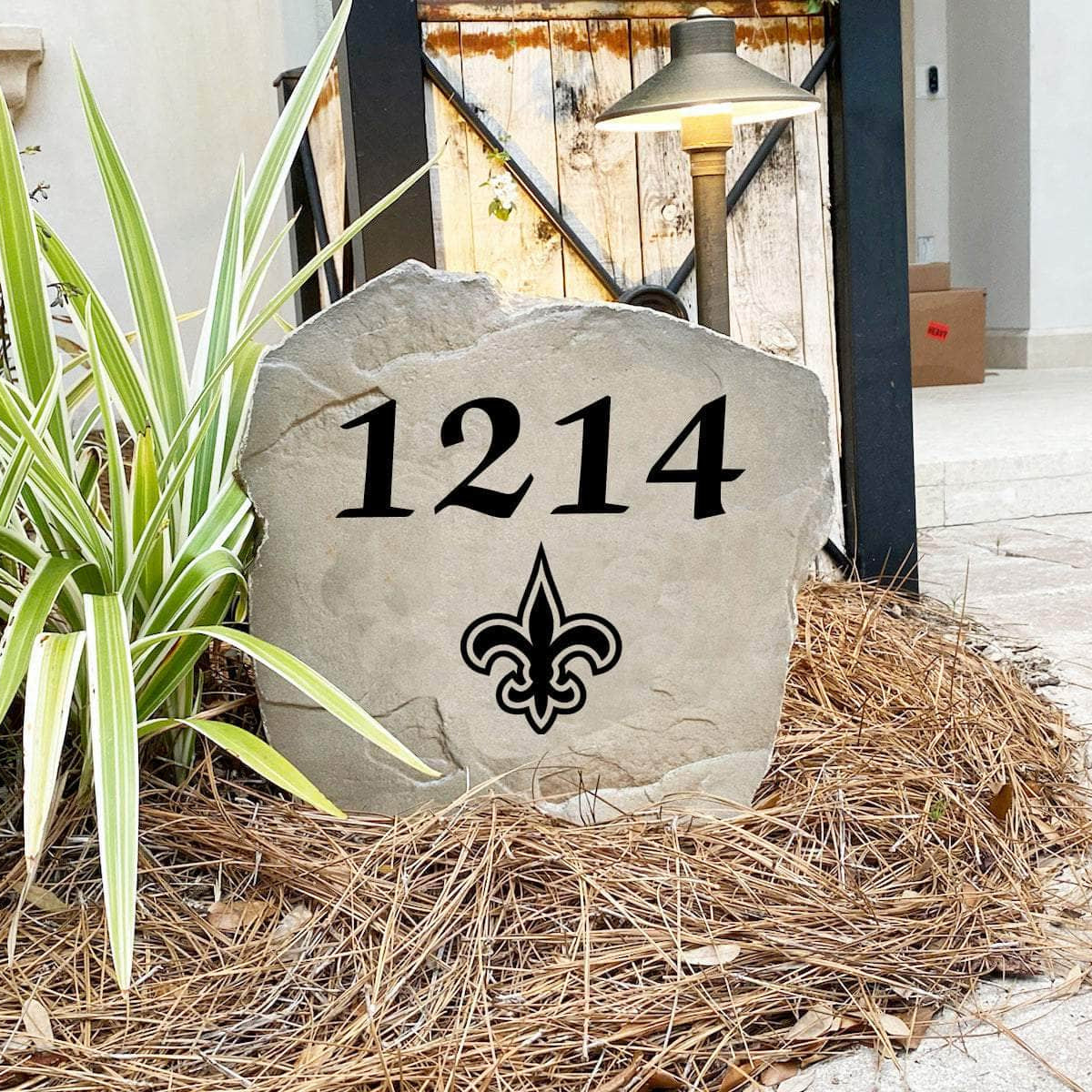 Engraved New Orleans Saints Address Stone with custom house numbers and the official New Orleans Saints logo, bringing football spirit and timeless style to front yard landscapes, walkways, and home entrances.