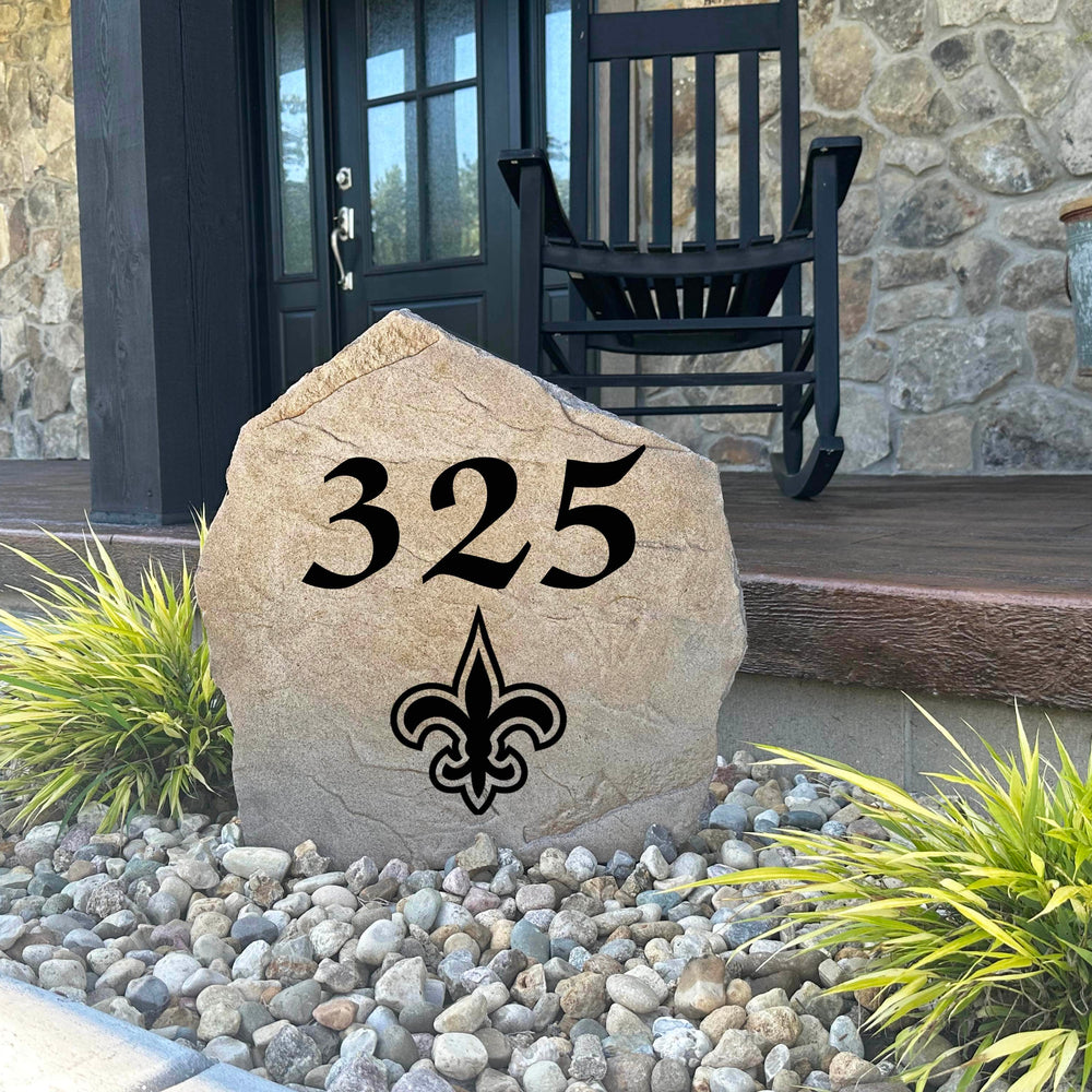 Decorative New Orleans Saints Address Stone featuring personalized house numbers permanently engraved into the stone surface alongside officially licensed team graphics. Perfect for driveways, patios, gardens, and landscape beds, this address marker celebrates Saints football tradition.