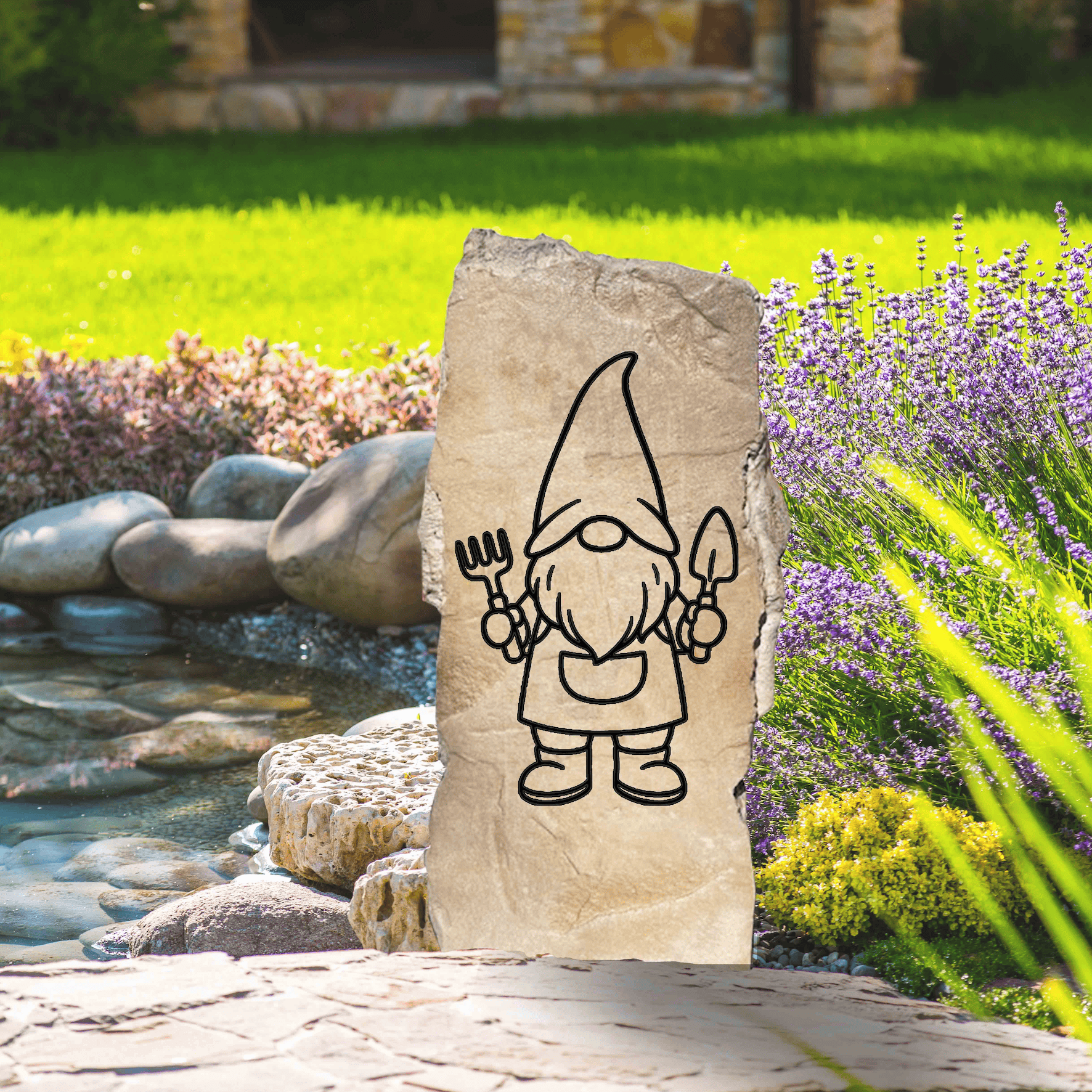 Adding a playful touch to the landscape, the Vertical Gnome Stone features an engraved garden gnome design that brings personality and charm to flower beds and entryways. Its upright shape makes it a delightful accent piece, creating a whimsical focal point that welcomes guests with a smile.
