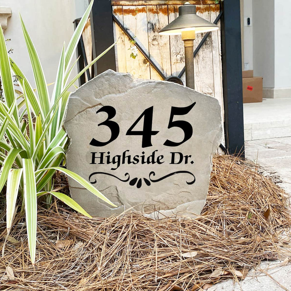 Engraved Scroll Address Stone with personalized house numbers, handcrafted to add classic elegance and curb appeal to any home. This weather-resistant address plaque is ideal for front yards, landscape beds, and walkways.