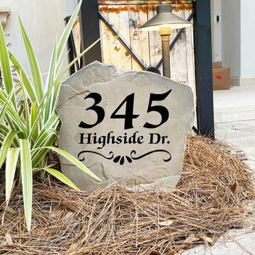 Engraved Scroll Address Stone with personalized house numbers, handcrafted to add classic elegance and curb appeal to any home. This weather-resistant address plaque is ideal for front yards, landscape beds, and walkways.