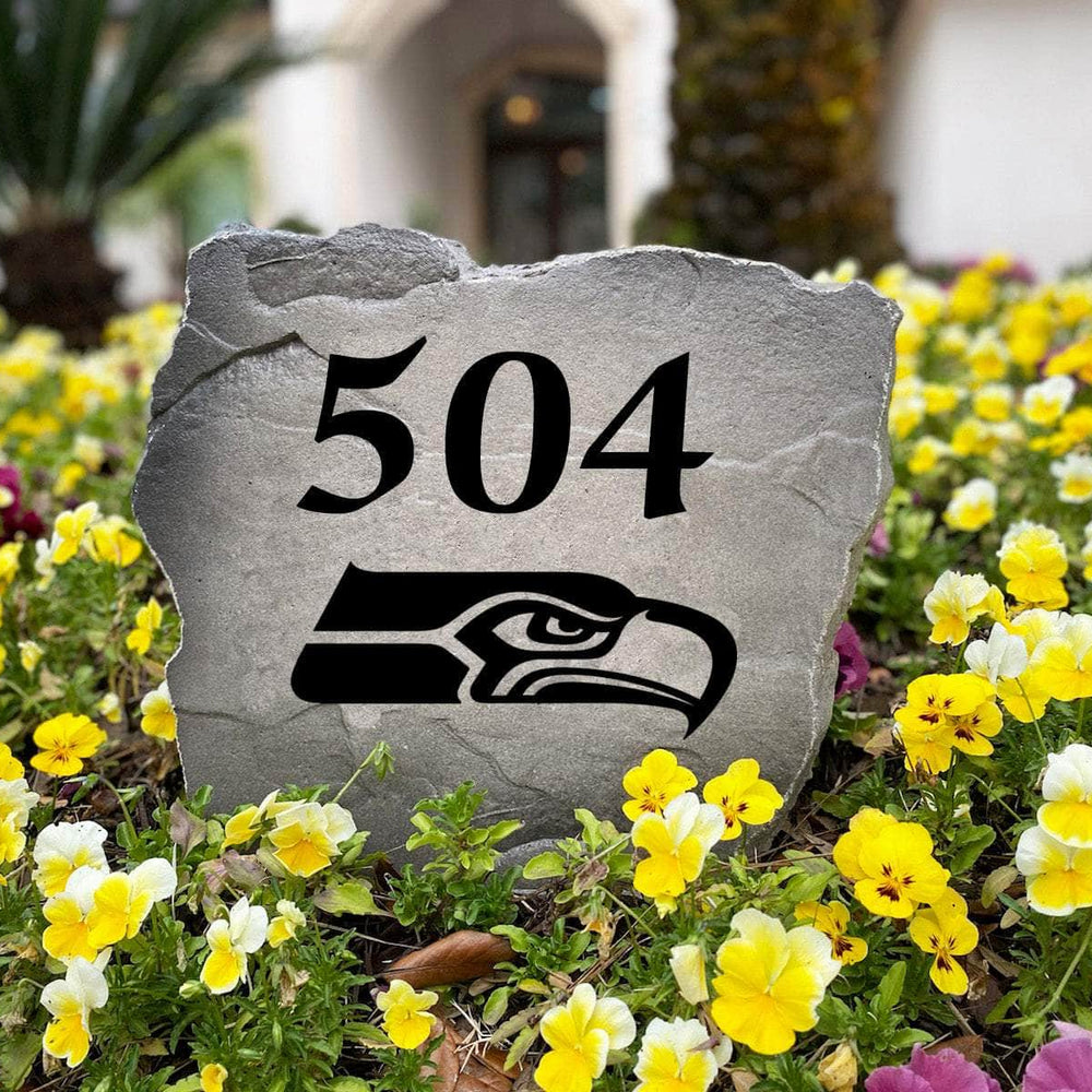 Officially licensed Seattle Seahawks Address Stone handcrafted in the USA with custom house numbers and durable engraved artwork. This weather-resistant address stone provides lasting beauty and curb appeal for football fans and outdoor spaces.