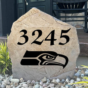 Officially licensed Seattle Seahawks Address Stone featuring custom house numbers and the iconic Seattle Seahawks logo engraved directly into the stone surface. This personalized address stone adds NFL team pride and enhances curb appeal for front yards, gardens, driveways, and entryways.