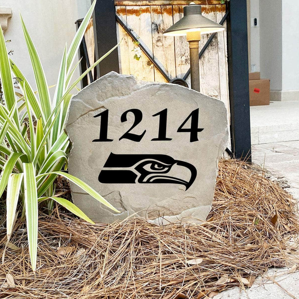 Engraved Seattle Seahawks Address Stone with custom house numbers and the official Seattle Seahawks logo, bringing football spirit and timeless style to front yard landscapes, walkways, and home entrances.