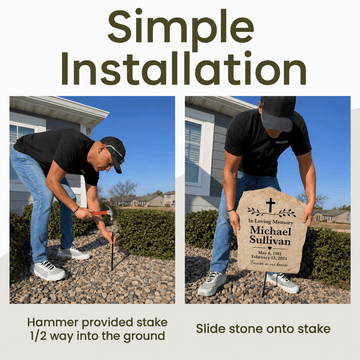 Two-panel installation guide showing a man placing a memorial stone onto a stake driven into a gravel landscape in front of a house. Large text at the top reads 'Simple Installation,' with smaller caption text below each panel describing the steps.