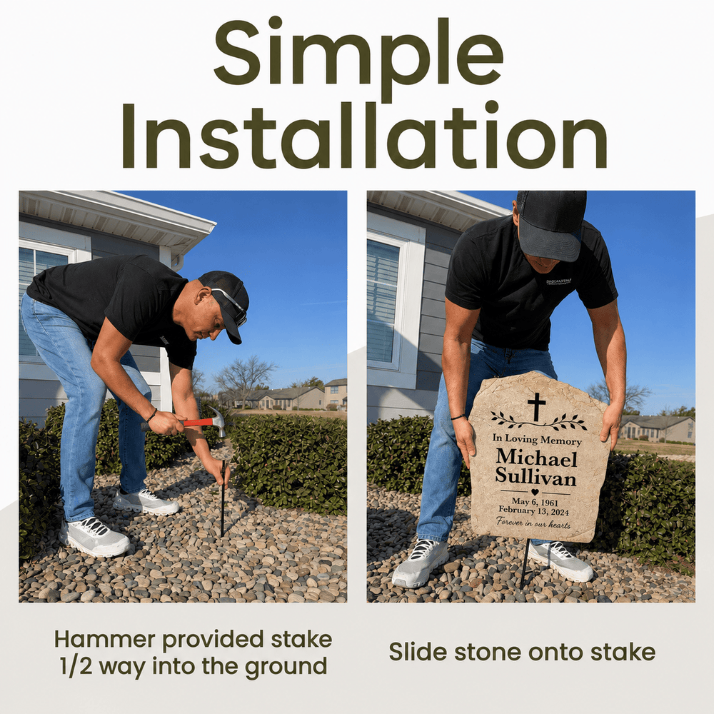 Two-panel installation guide showing a man placing a memorial stone onto a stake driven into a gravel landscape in front of a house. Large text at the top reads 'Simple Installation,' with smaller caption text below each panel describing the steps.