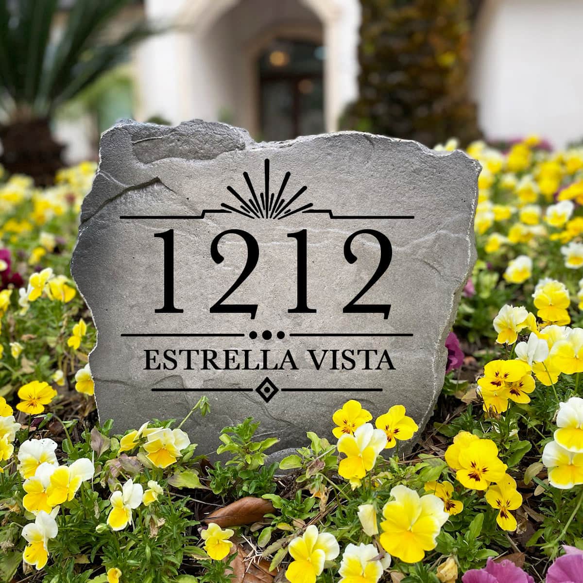 Personalized Sunrise Address Stone with engraved house numbers and elegant design, enhancing curb appeal in a front yard or garden.